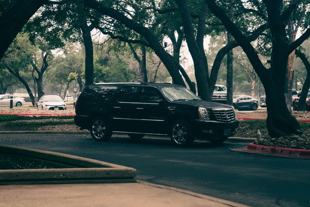 Cadillac Escalade under the trees