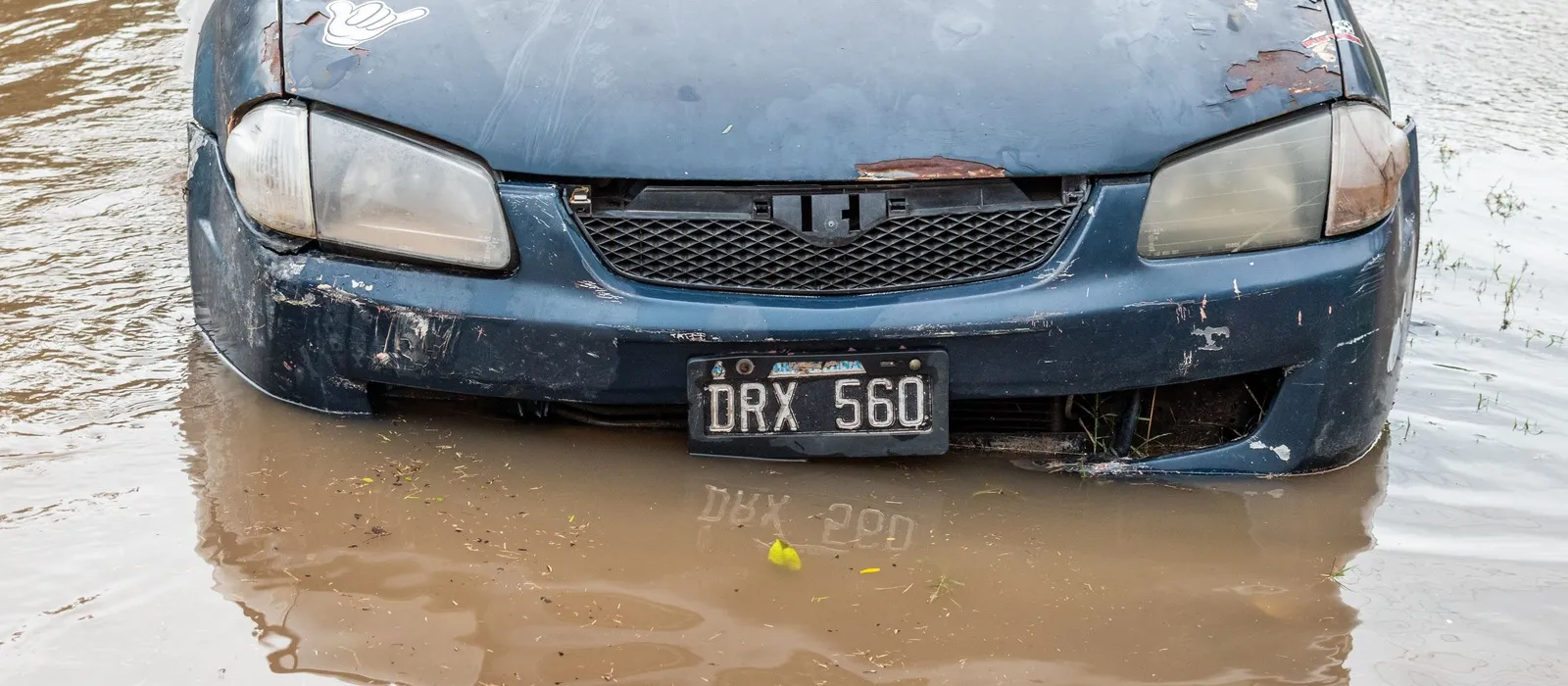 Front of a sedan sitting in muddy floodwater